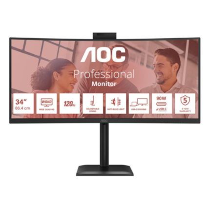 AOC CU34E4CW | 34 " | VA | UWQHD | 120 Hz | 4 ms | 3440 x 1440 pixels | 350 cd/m² | HDMI ports quantity 2 | Black