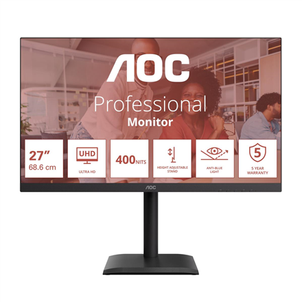 AOC U27E4CV | 27 " | IPS | UHD | 16:9 | 60 Hz | 4 ms | 3840 x 2160 pikseļi | 400 cd/m² | HDMI portu skaits 2 | Melns