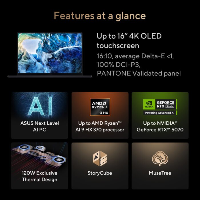 Asus | ProArt P16 H7606WP-RJ079X | Nano Black | 16" | OLED | Skārienekrāns | 3K | 2880 x 1800 pikseļi | 120 Hz | Spīdīgs | AMD Ryzen AI 9 | HX370 | 64 GB | LPDDR5X | Cietvielas diska ietilpība 2000 GB | NVIDIA GeForce RTX 5070 | GDDR7 | 8 GB | Windows 11 Pro | 802.11be | Tastatūras valoda US starptautiskā | Tastatūras apgaismojums | Garantija 24 mēneši | Akumulatora garantija 12 mēneši