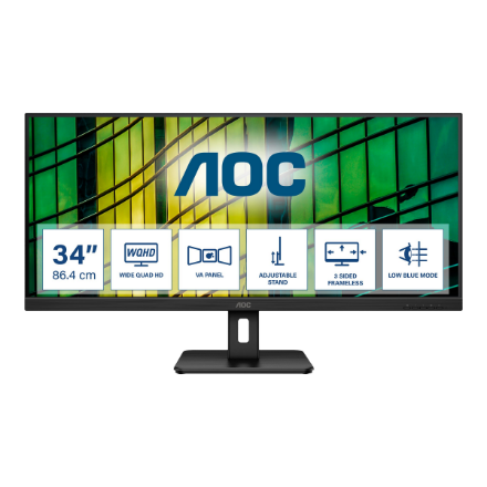 AOC | Monitors | U34E2M | 34 " | VA | WQHD | 21:9 | 100 Hz | 4 ms | 3440 x 1440 | 300 cd/m² | HDMI pieslēgvietu skaits 2 | Melns